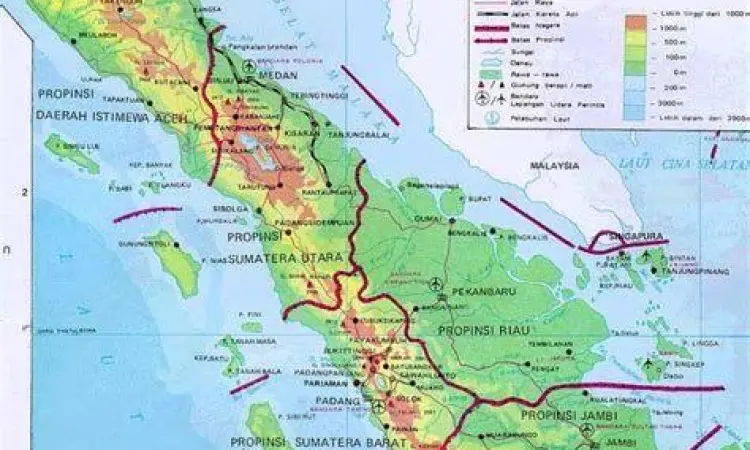 Peta geografis pulau sumatera menunjukkan pegunungan bukit barisan