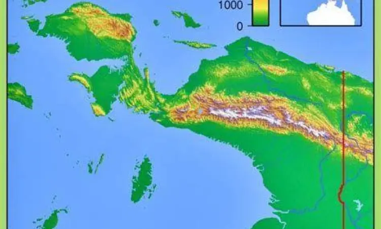 Topografi Pulau Papua Peta topografi pulau Papua menunjukkan pegunungan tinggi
