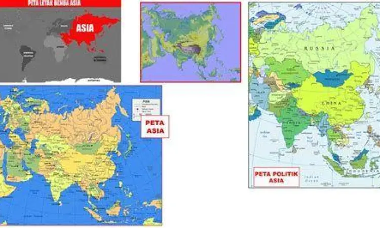 Peta topografi benua Asia menunjukkan pegunungan dan dataran rendah