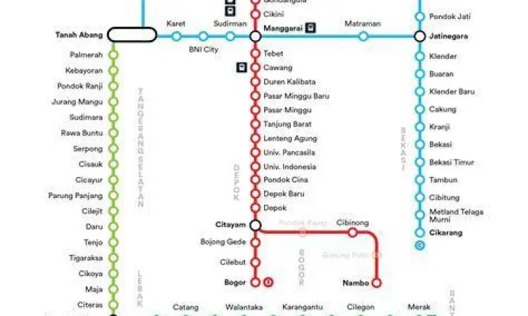 Peta rute KRL Jabodetabek yang melewati Stasiun Duri