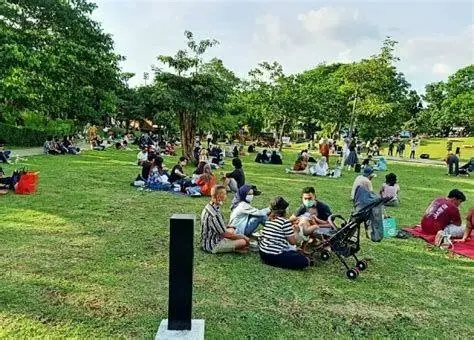 Aktivitas Piknik di GBK Keluarga sedang piknik di rumput Hutan Kota GBK