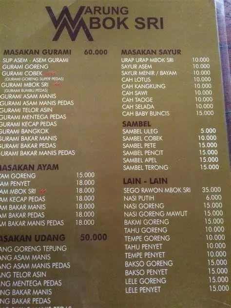 Menu Warung Mbok Sri Daftar menu lengkap di Warung Mbok Sri